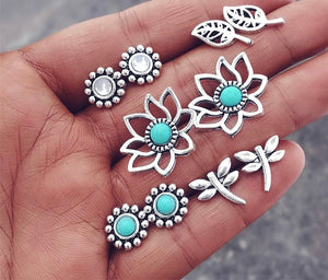 Bohemian Flower Leaves Stone Stud Earrings