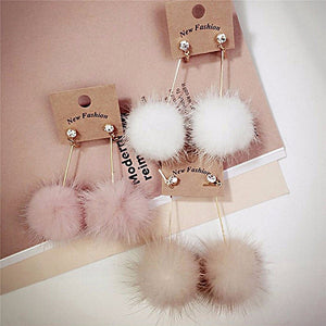 Cute Rabbit Fur Ball PomPom Long Drop Earrings