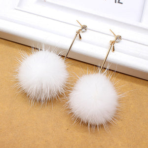 Cute Rabbit Fur Ball PomPom Long Drop Earrings