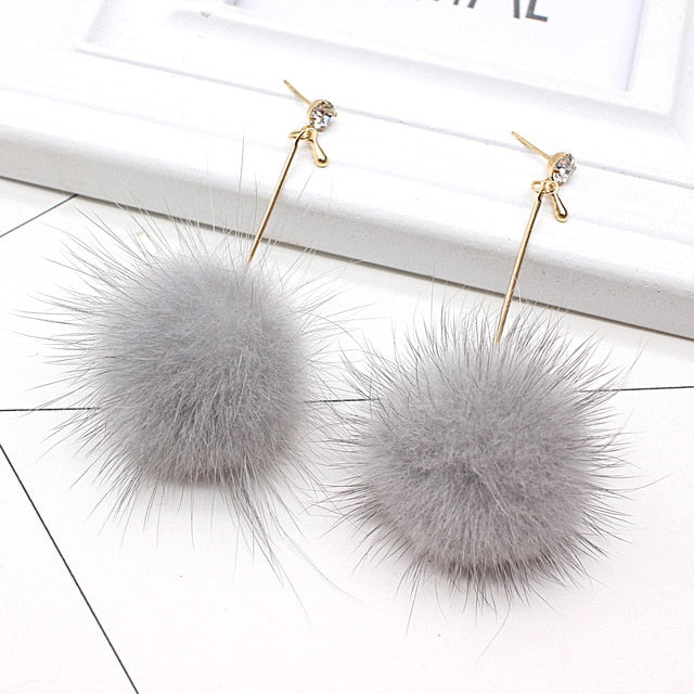 Cute Rabbit Fur Ball PomPom Long Drop Earrings