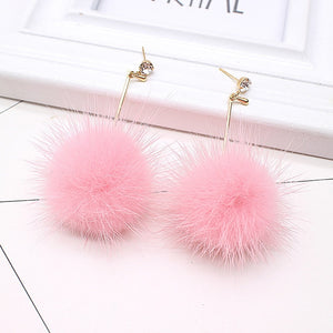 Cute Rabbit Fur Ball PomPom Long Drop Earrings