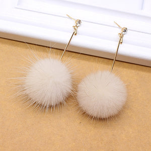 Cute Rabbit Fur Ball PomPom Long Drop Earrings