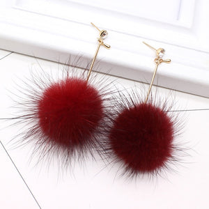 Cute Rabbit Fur Ball PomPom Long Drop Earrings