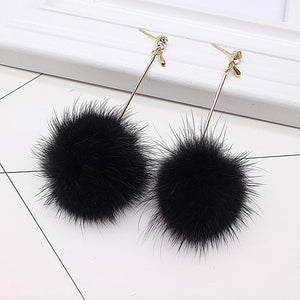 Cute Rabbit Fur Ball PomPom Long Drop Earrings