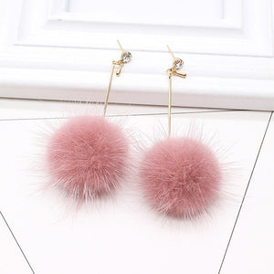 Cute Rabbit Fur Ball PomPom Long Drop Earrings