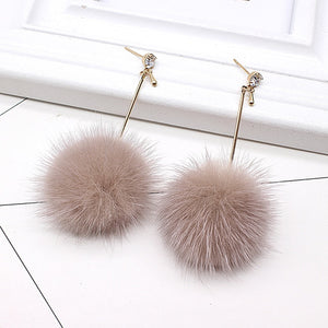 Cute Rabbit Fur Ball PomPom Long Drop Earrings