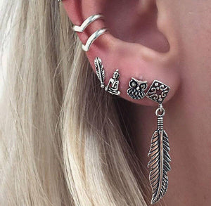 Retro Silver Ear Clip Dangle Earrings Set